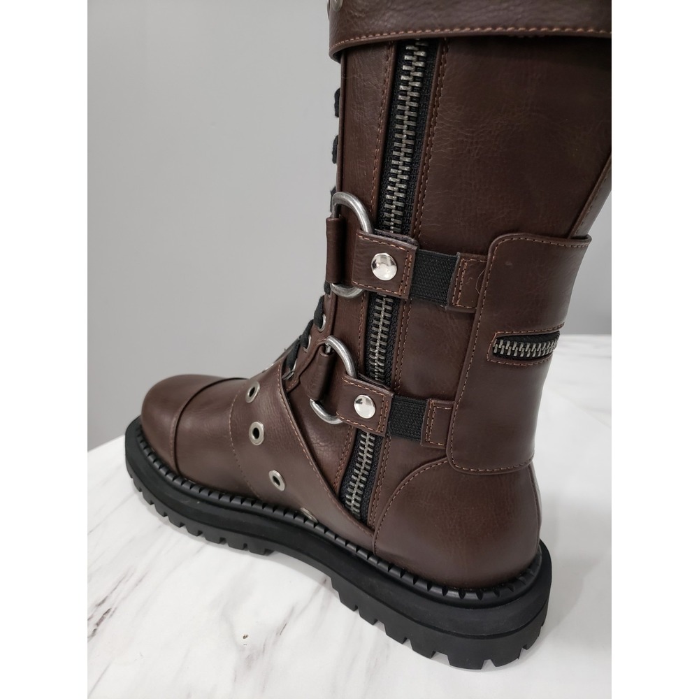 SIZE 9 Dolls Kill Club Exx COMBAT BOOTS STEAMPUNK cyberpunk gothic strappy brown - Picture 10 of 16